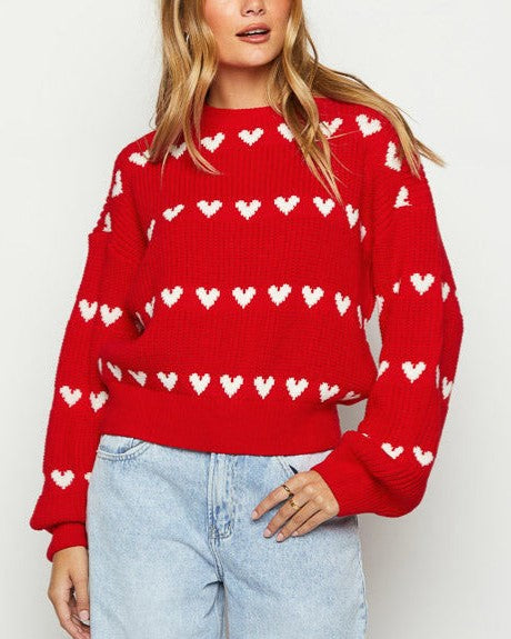 Allover Hearts Crewneck Pullover Sweater - Red
