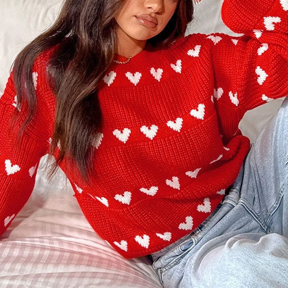 Allover Hearts Crewneck Pullover Sweater - Red - 1