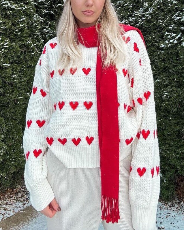 Allover Hearts Crewneck Pullover Sweater - White