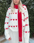 Allover Hearts Crewneck Pullover Sweater - White