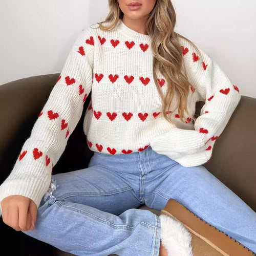 Allover Hearts Crewneck Pullover Sweater - White - 1
