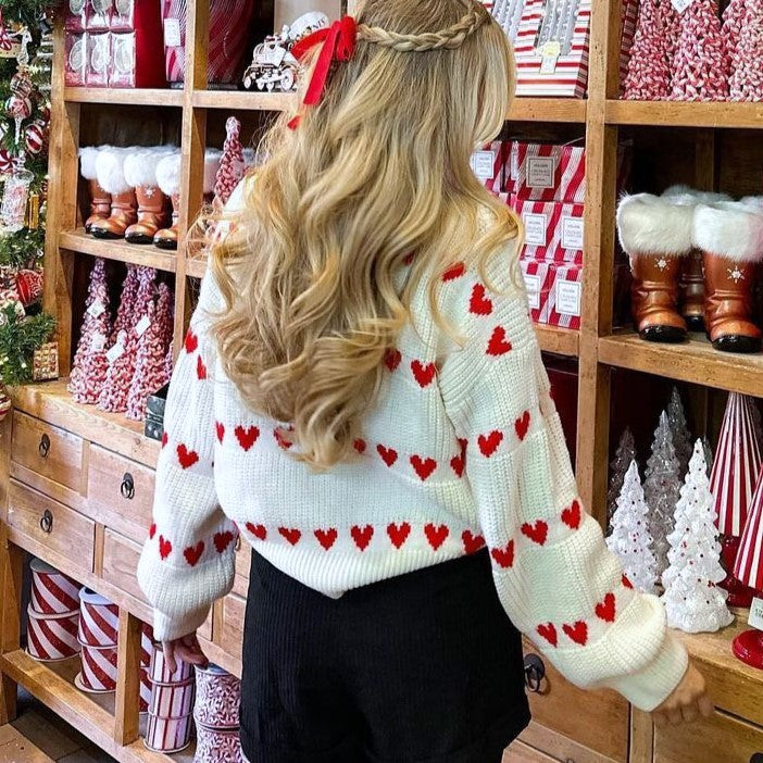 Allover Hearts Crewneck Pullover Sweater - White - 2
