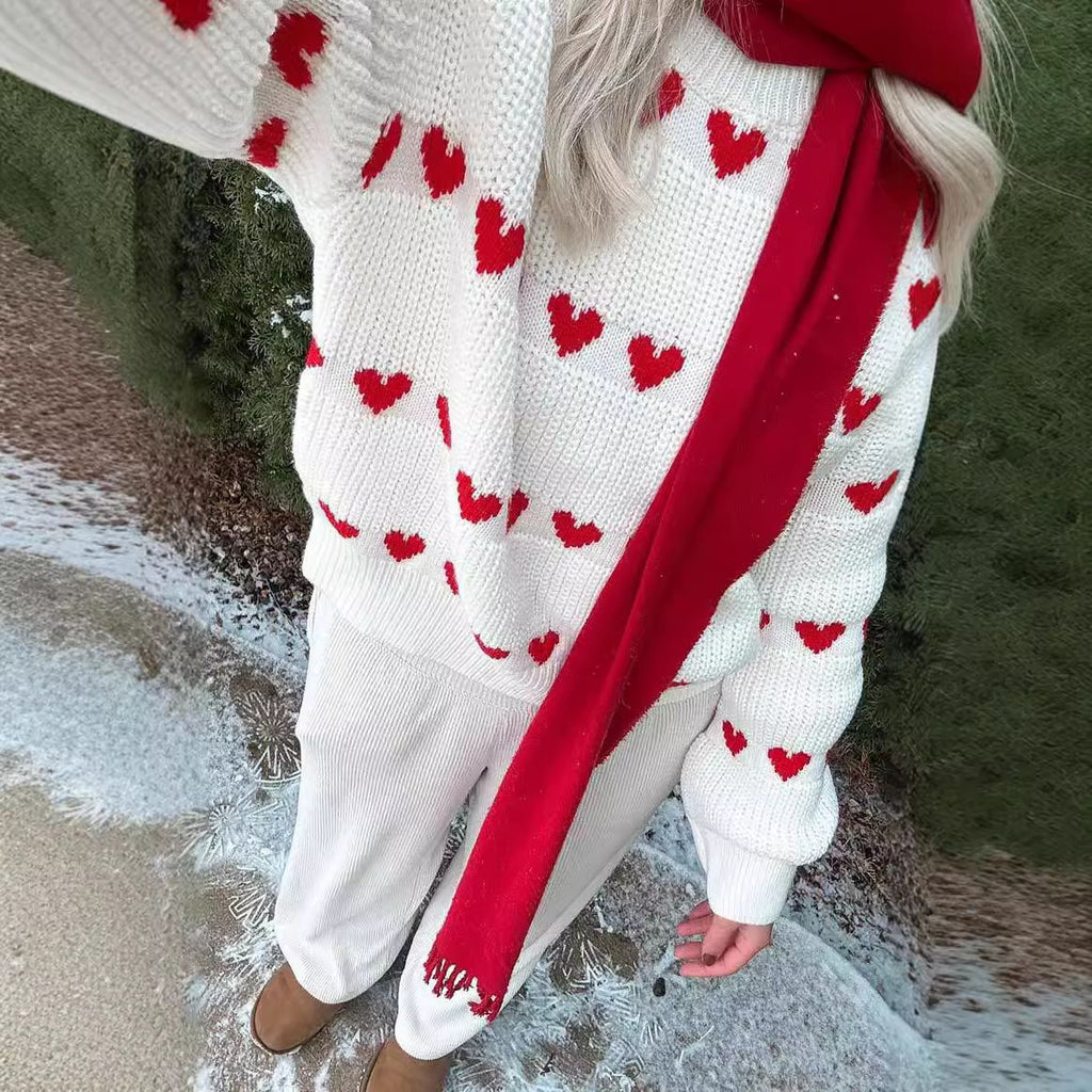 Allover Hearts Crewneck Pullover Sweater - White - 3