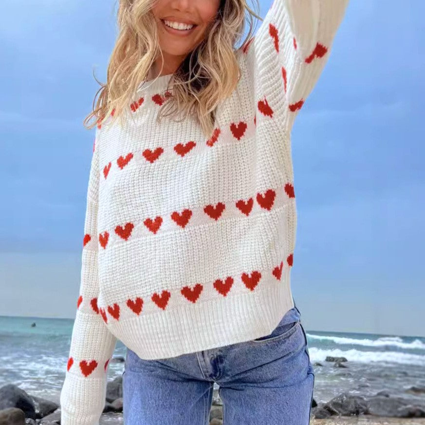 Allover Hearts Crewneck Pullover Sweater - White - 4