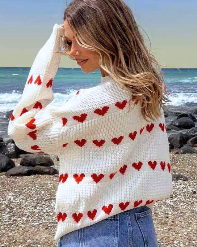 Allover Hearts Crewneck Pullover Sweater - White - 5