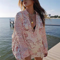 Sea Print V-Neck Top and Shorts Lounge Set - red