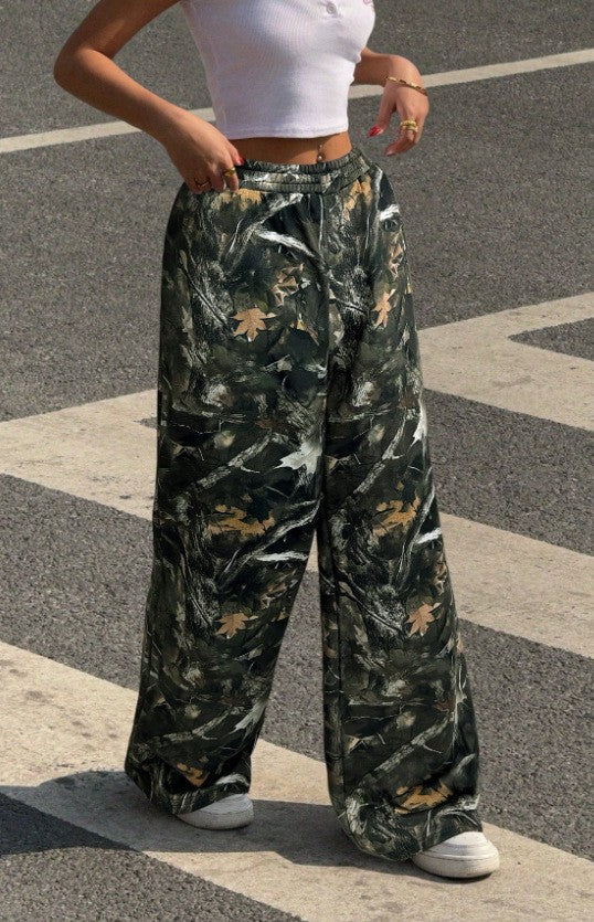 Printed Wide Leg Elastic Waist Pants - Black