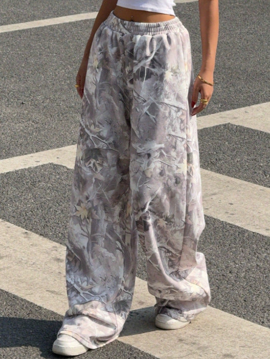 Printed Wide Leg Elastic Waist Pants - Gray