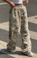 Printed Wide Leg Elastic Waist Pants - Khaki