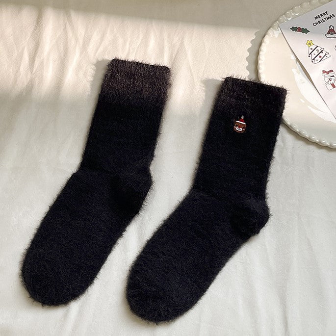 Plush Socks With Tiny Holiday Embroidery - Black