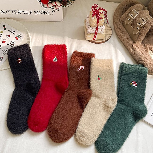Plush Socks With Tiny Holiday Embroidery - Coffee