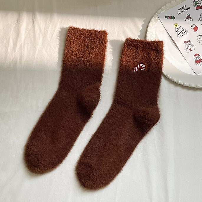 Plush Socks With Tiny Holiday Embroidery - Coffee - 1