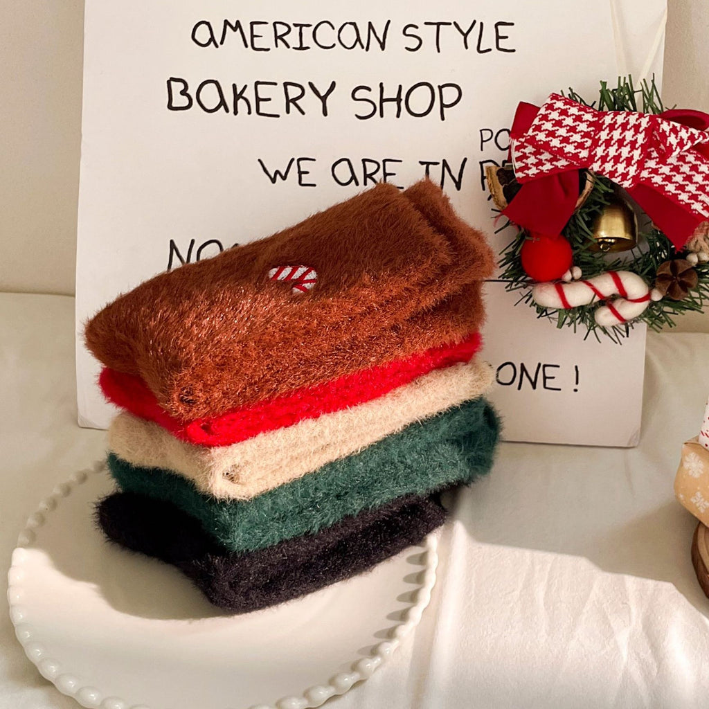 Plush Socks With Tiny Holiday Embroidery - Coffee - 2