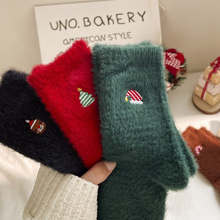 Plush Socks With Tiny Holiday Embroidery - Coffee - 3