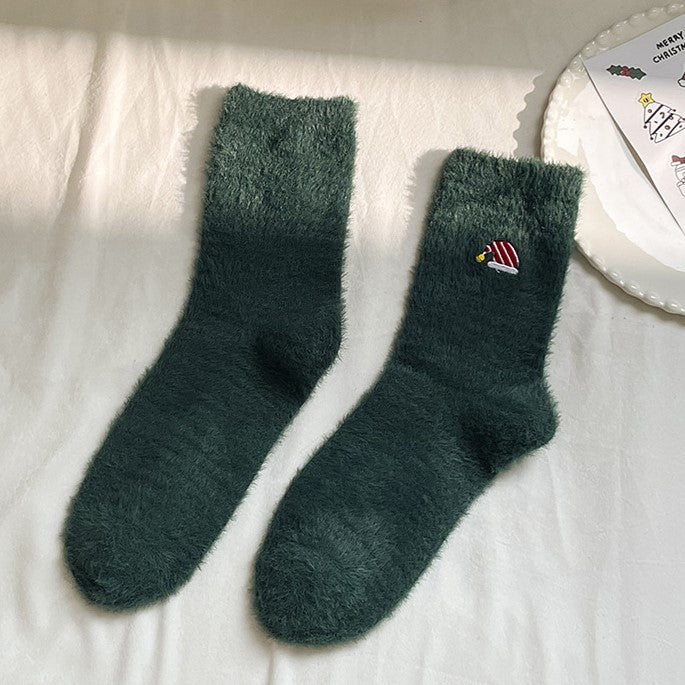 Plush Socks With Tiny Holiday Embroidery - DkGreen