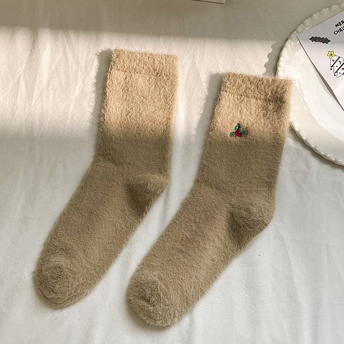 Plush Socks With Tiny Holiday Embroidery - Khaki
