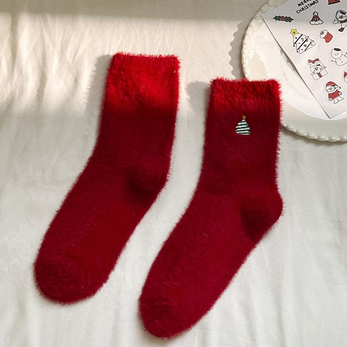 Plush Socks With Tiny Holiday Embroidery - Red