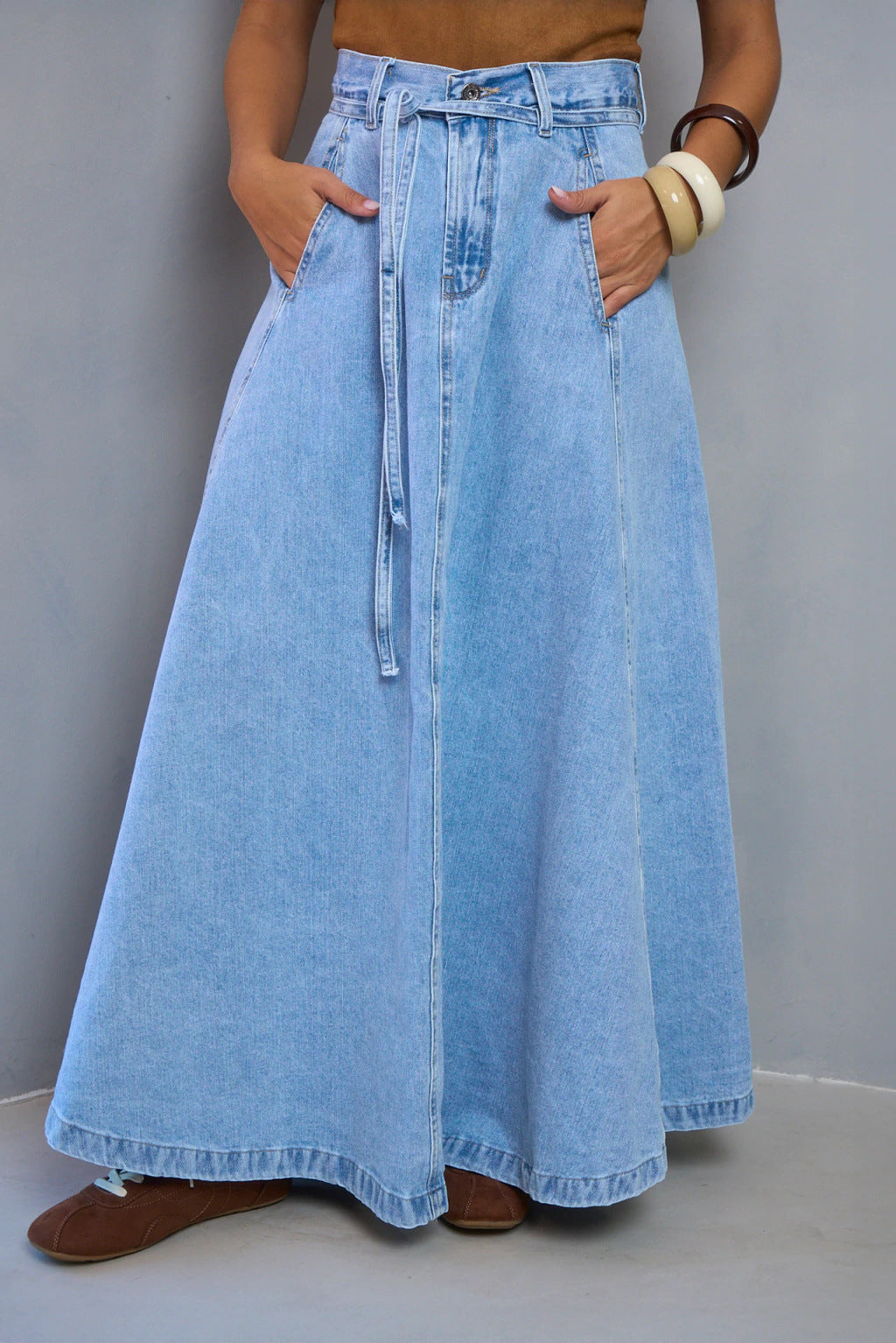 Tie Waist Paneled A-Line Denim Maxi Skirt - Blue