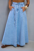 Tie Waist Paneled A-Line Denim Maxi Skirt - Blue