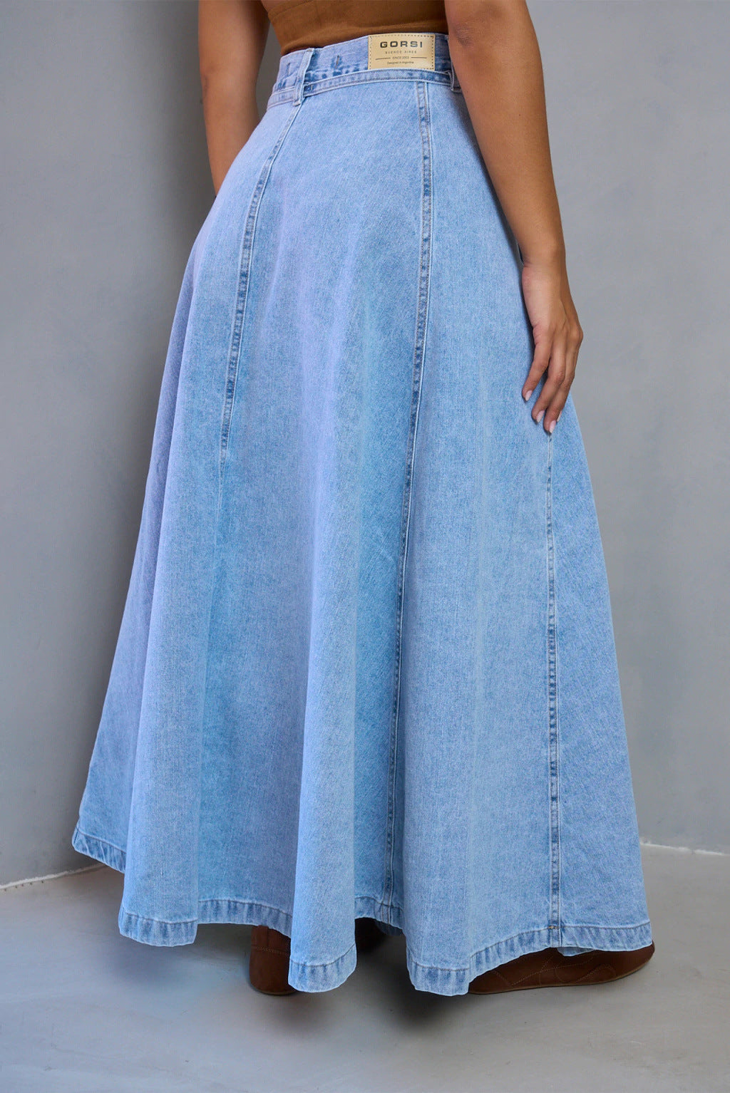 Tie Waist Paneled A-Line Denim Maxi Skirt - Blue - 1