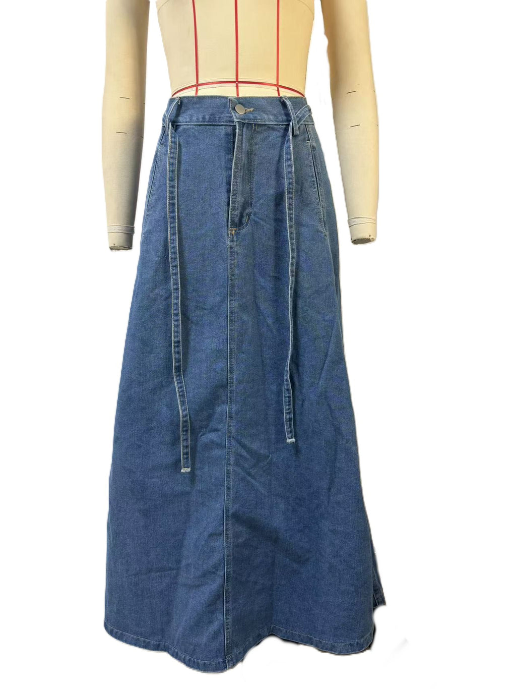 Tie Waist Paneled A-Line Denim Maxi Skirt - DarkBlue