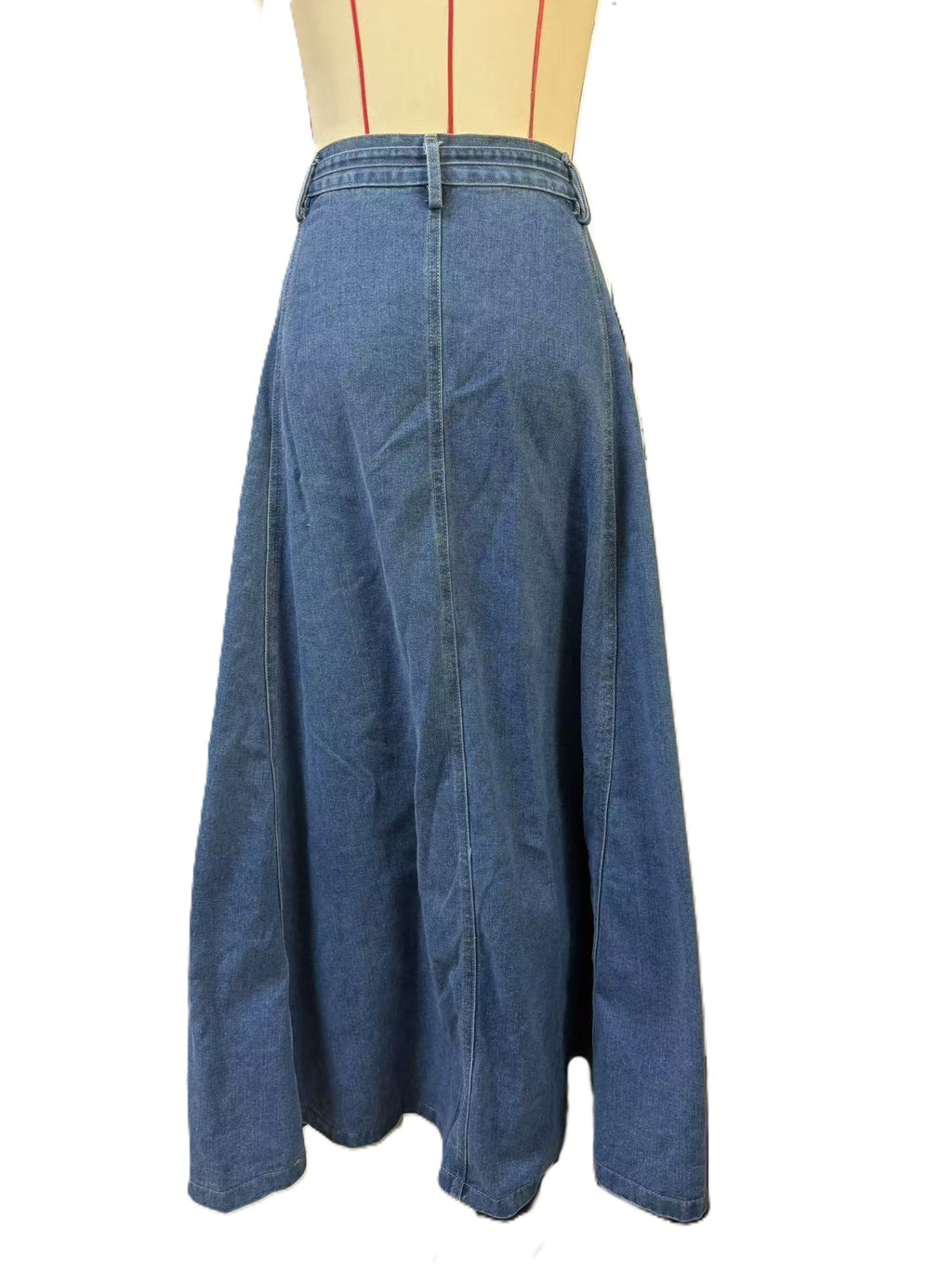 Tie Waist Paneled A-Line Denim Maxi Skirt - DarkBlue - 1