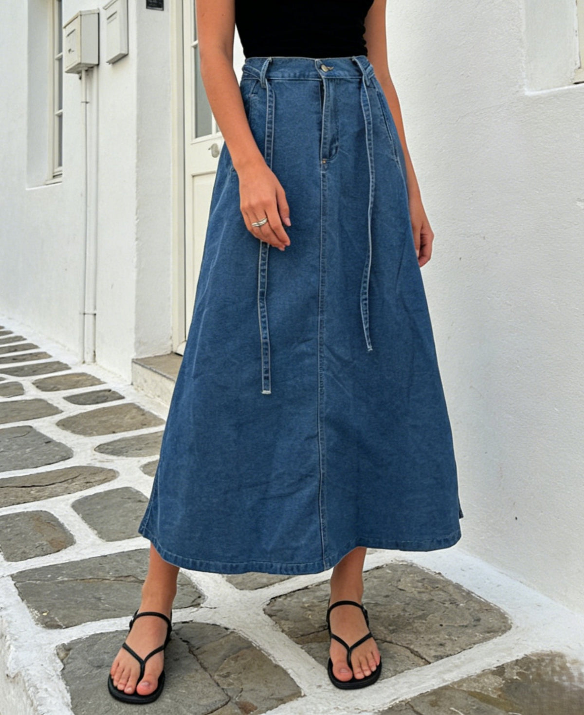 Tie Waist Paneled A-Line Denim Maxi Skirt