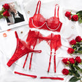 Eyelash Lace Pearl Chain Underwire Garter Lingerie Set - Red