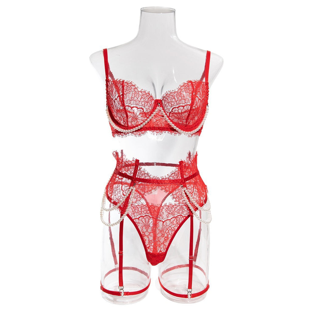 Eyelash Lace Pearl Chain Underwire Garter Lingerie Set