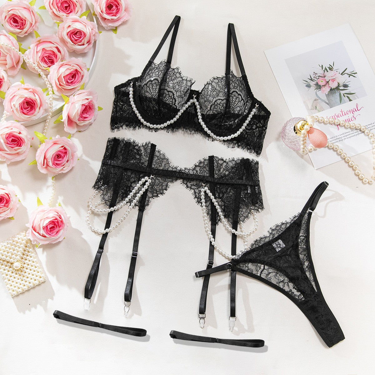 Eyelash Lace Pearl Chain Underwire Garter Lingerie Set