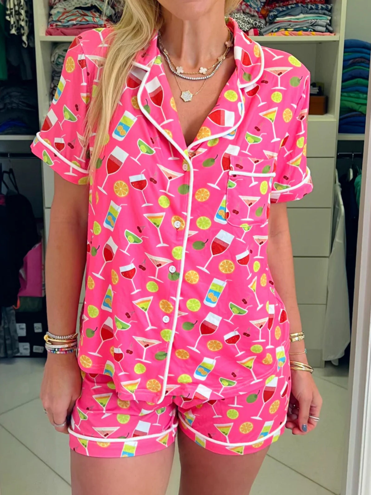 Printed Satin Short Sleeve Pajama Set - Martini