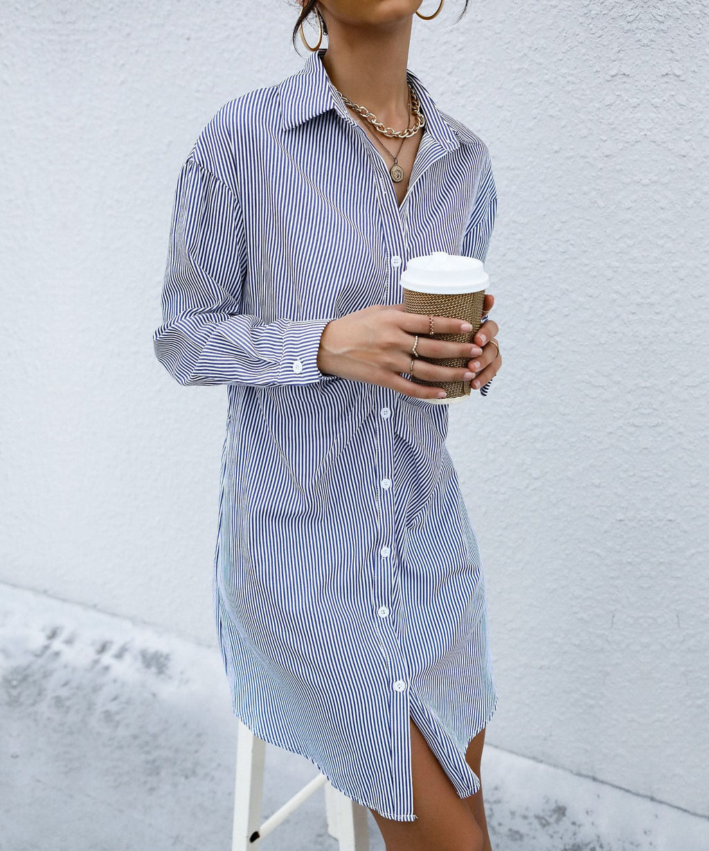 Pinstripe Ruched Front Button Shirt Dress - Blue