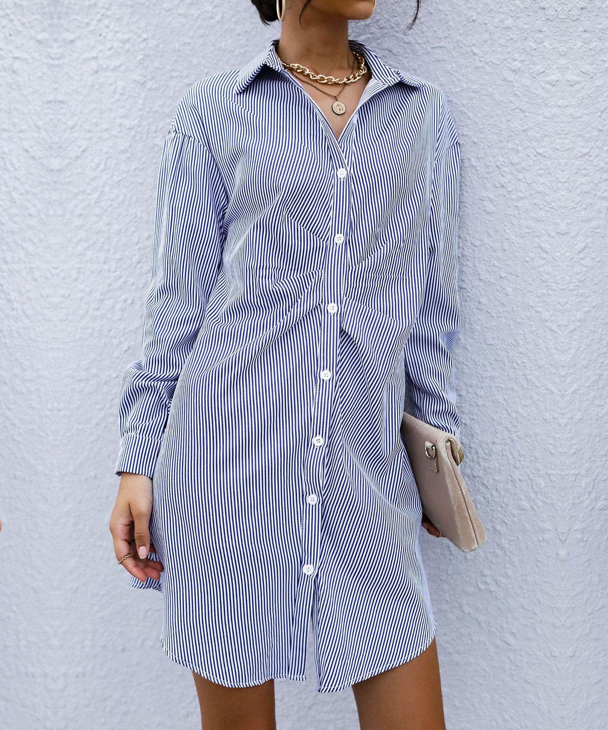Pinstripe Ruched Front Button Shirt Dress - Blue - 1