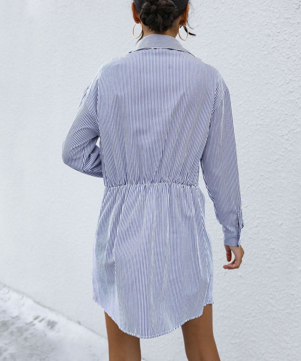 Pinstripe Ruched Front Button Shirt Dress - Blue - 2