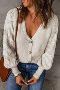 Diamond Pointelle Sleeve Button Front Cardigan - White