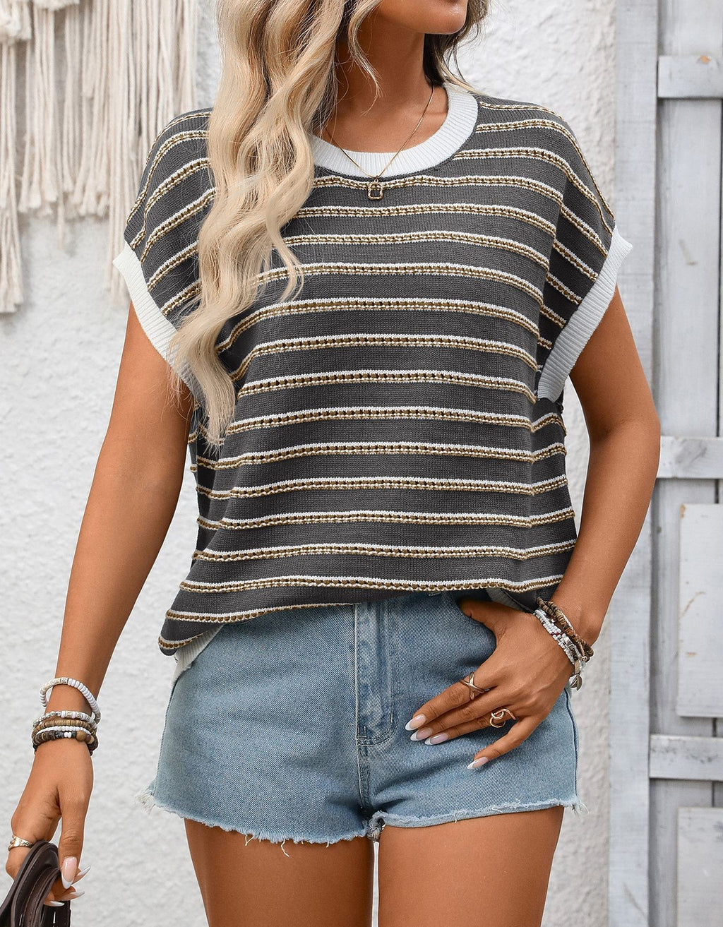 Striped Cap Sleeve Contrast Trim Knit Top - Grey