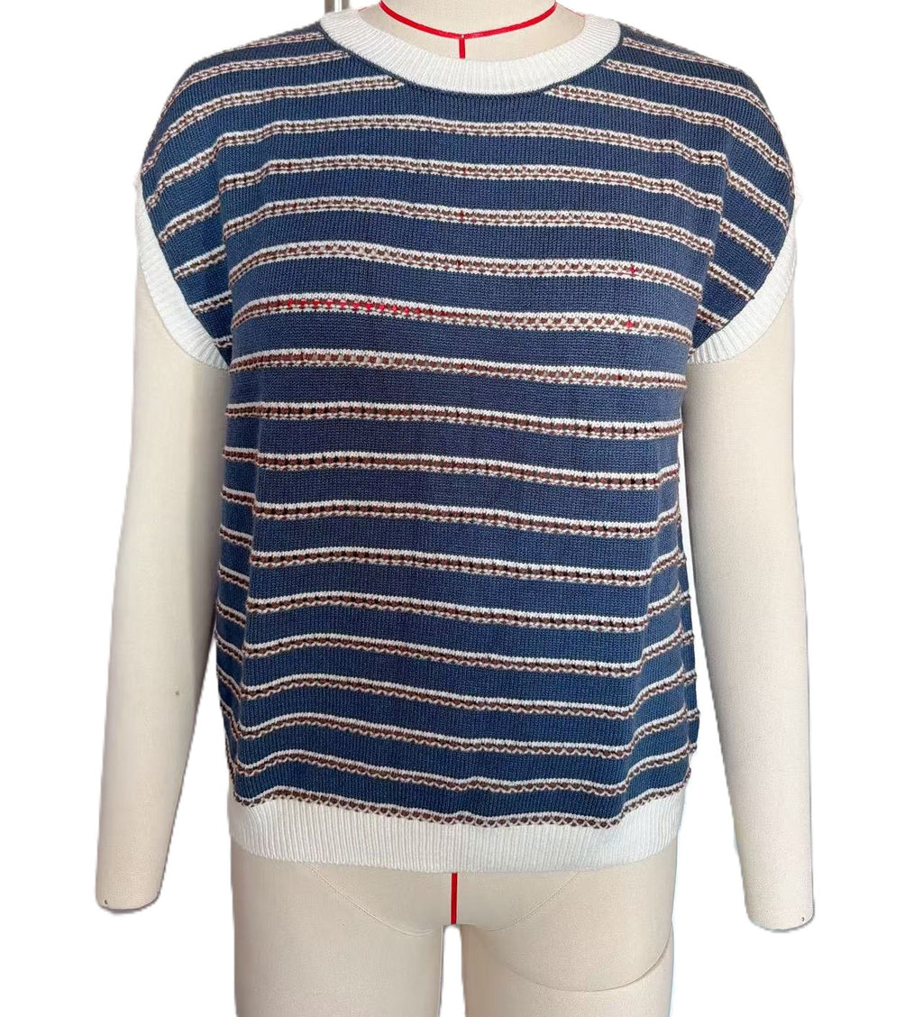 Striped Cap Sleeve Contrast Trim Knit Top - Navyblue