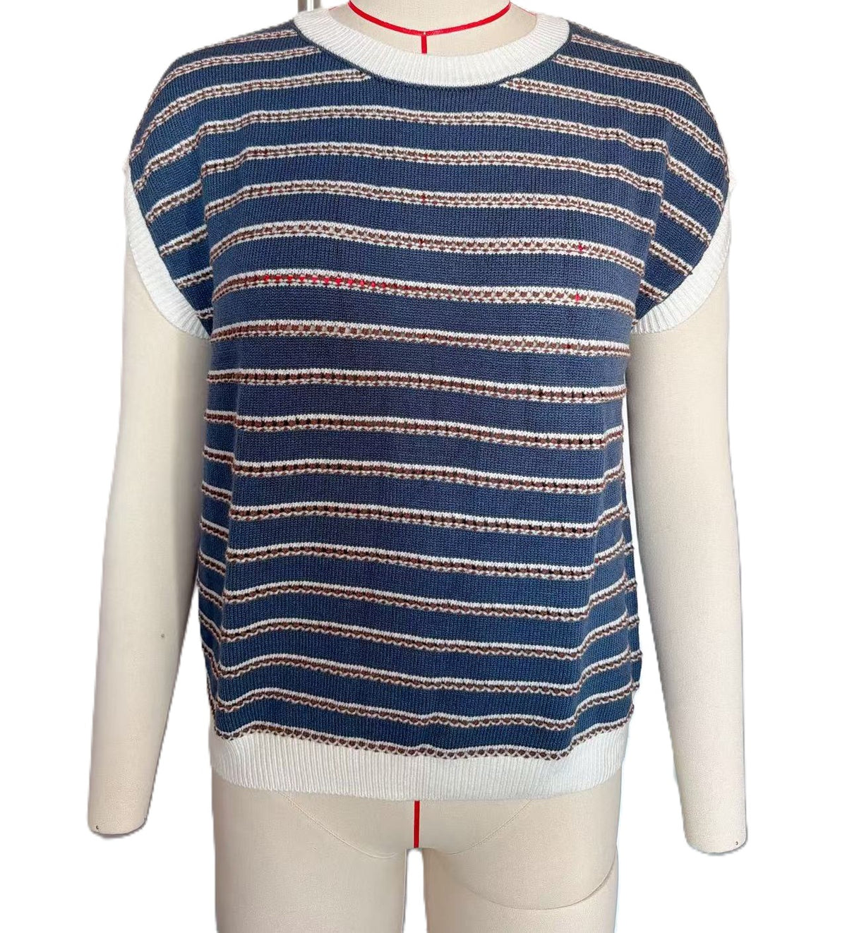 Striped Cap Sleeve Contrast Trim Knit Top - Navyblue