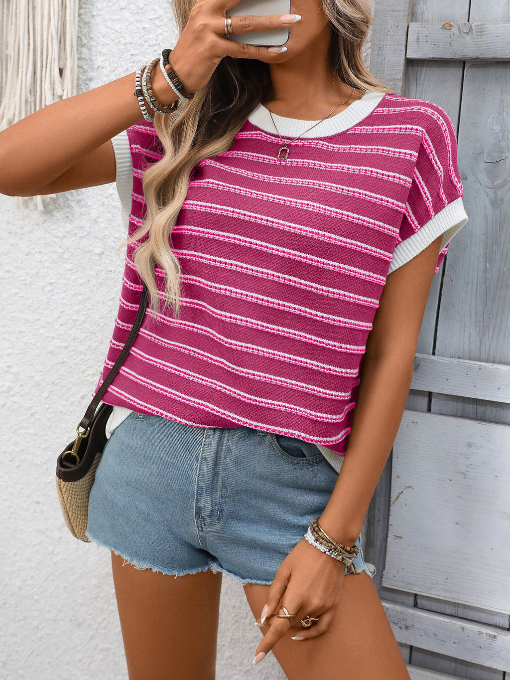 Striped Cap Sleeve Contrast Trim Knit Top - Rosered