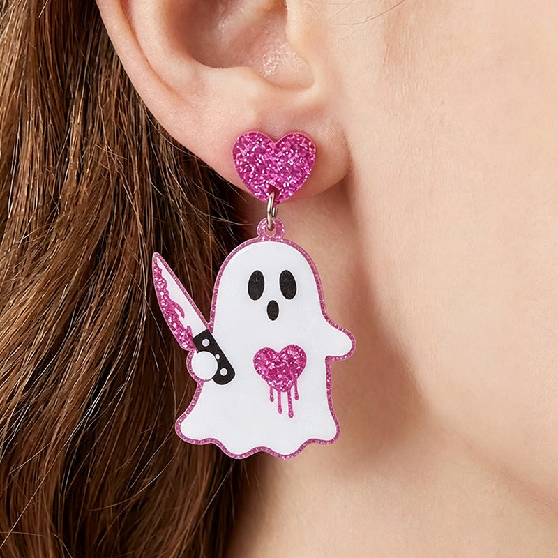 Spooky Glitter Ghost Charm Dangle Earrings - NO-4