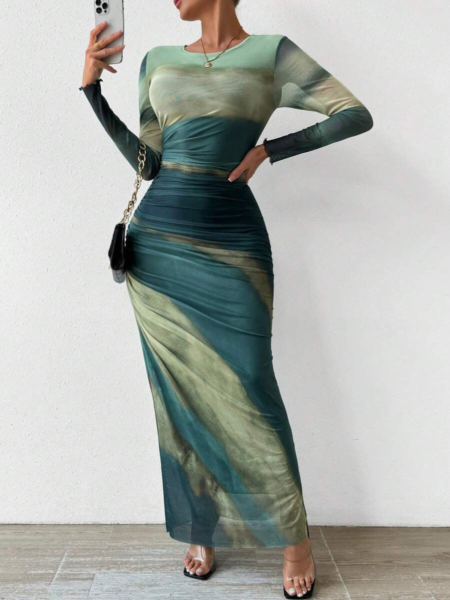 Abstract Print Mesh Long Sleeve Maxi Dress - Green