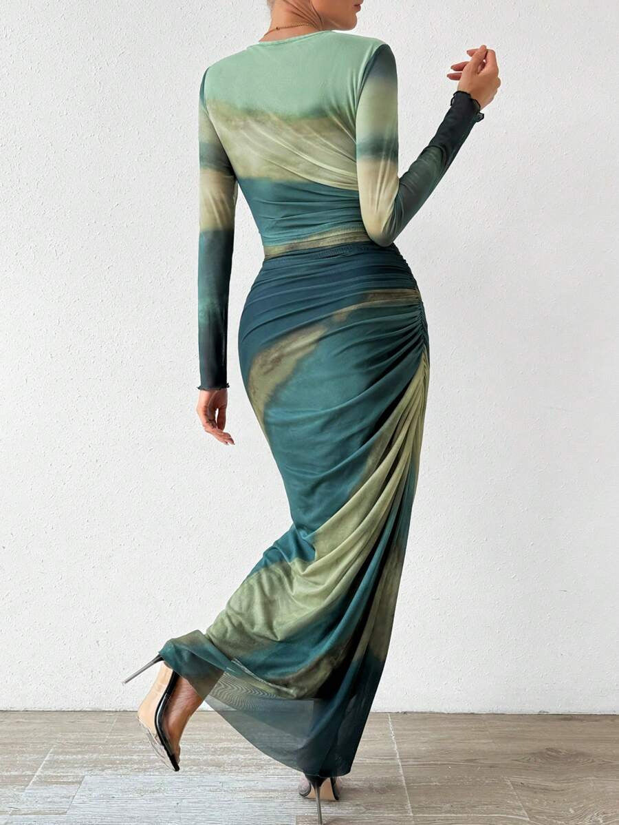 Abstract Print Mesh Long Sleeve Maxi Dress - Green - 1