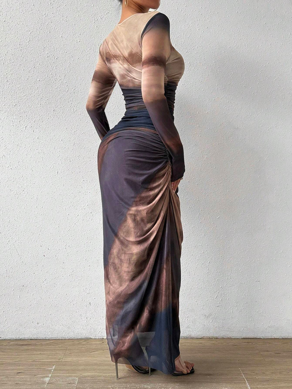 Abstract Print Mesh Long Sleeve Maxi Dress - Mist - 1