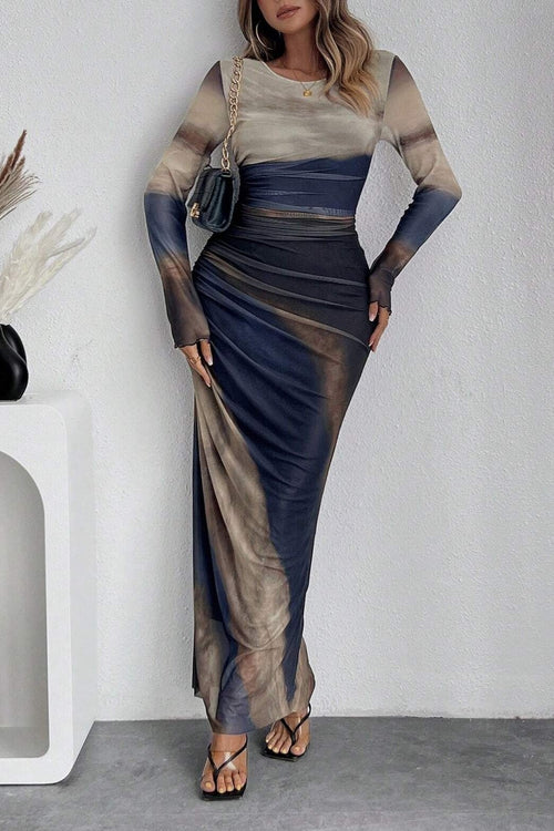 Abstract Print Mesh Long Sleeve Maxi Dress - sea