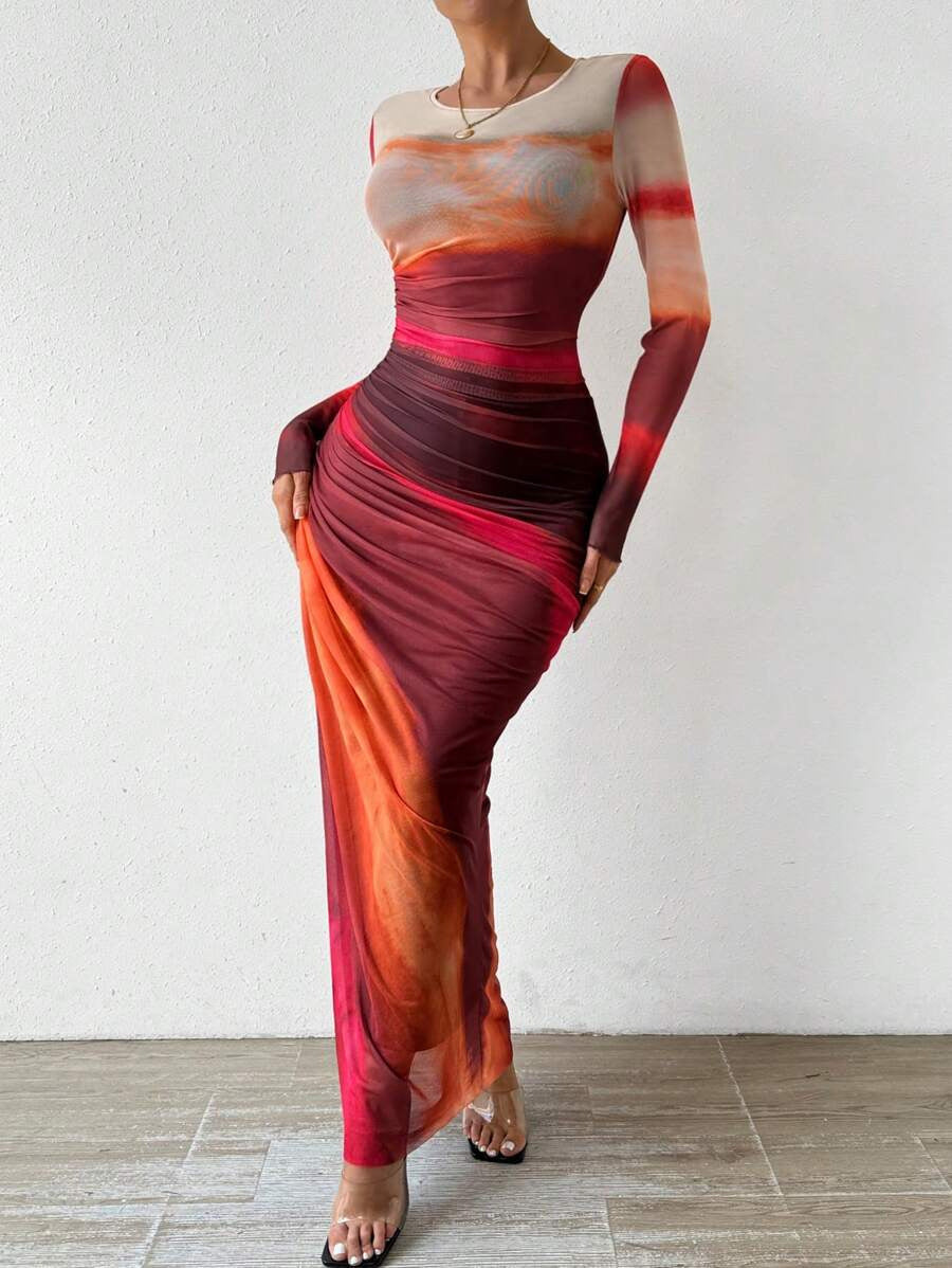 Abstract Print Mesh Long Sleeve Maxi Dress - sunrise