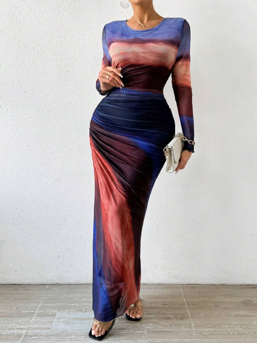 Abstract Print Mesh Long Sleeve Maxi Dress - sunset
