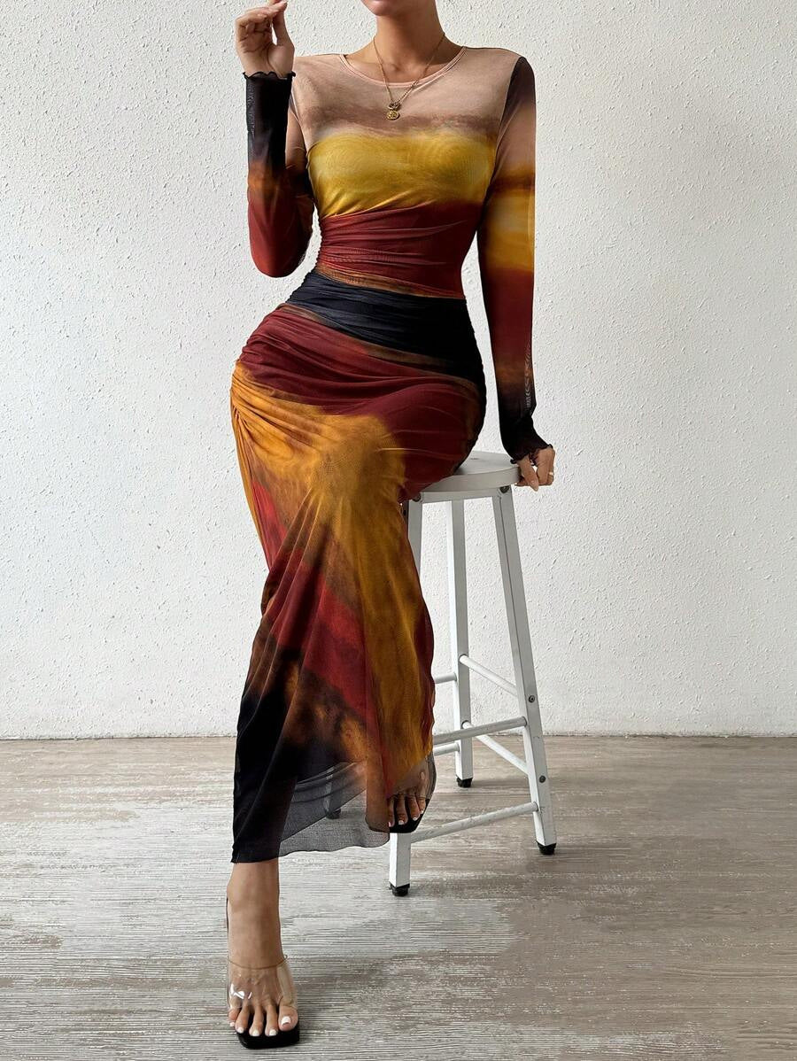 Abstract Print Mesh Long Sleeve Maxi Dress - twilight