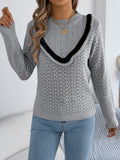 Contrast V Braid Pointelle Knit Sweater - Grey