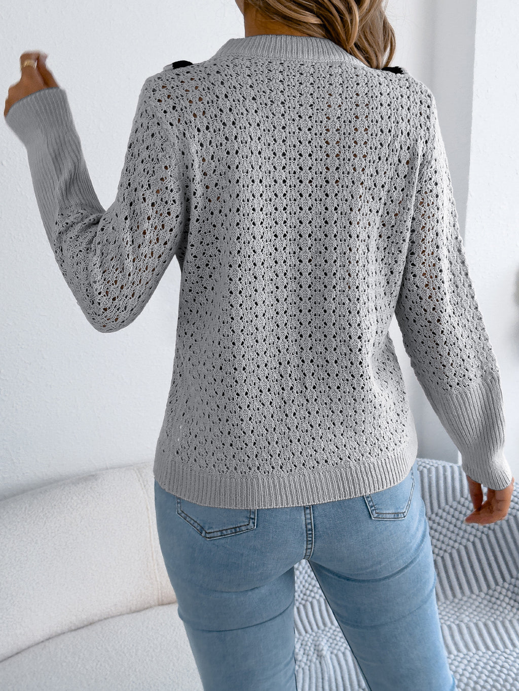Contrast V Braid Pointelle Knit Sweater - Grey - 1