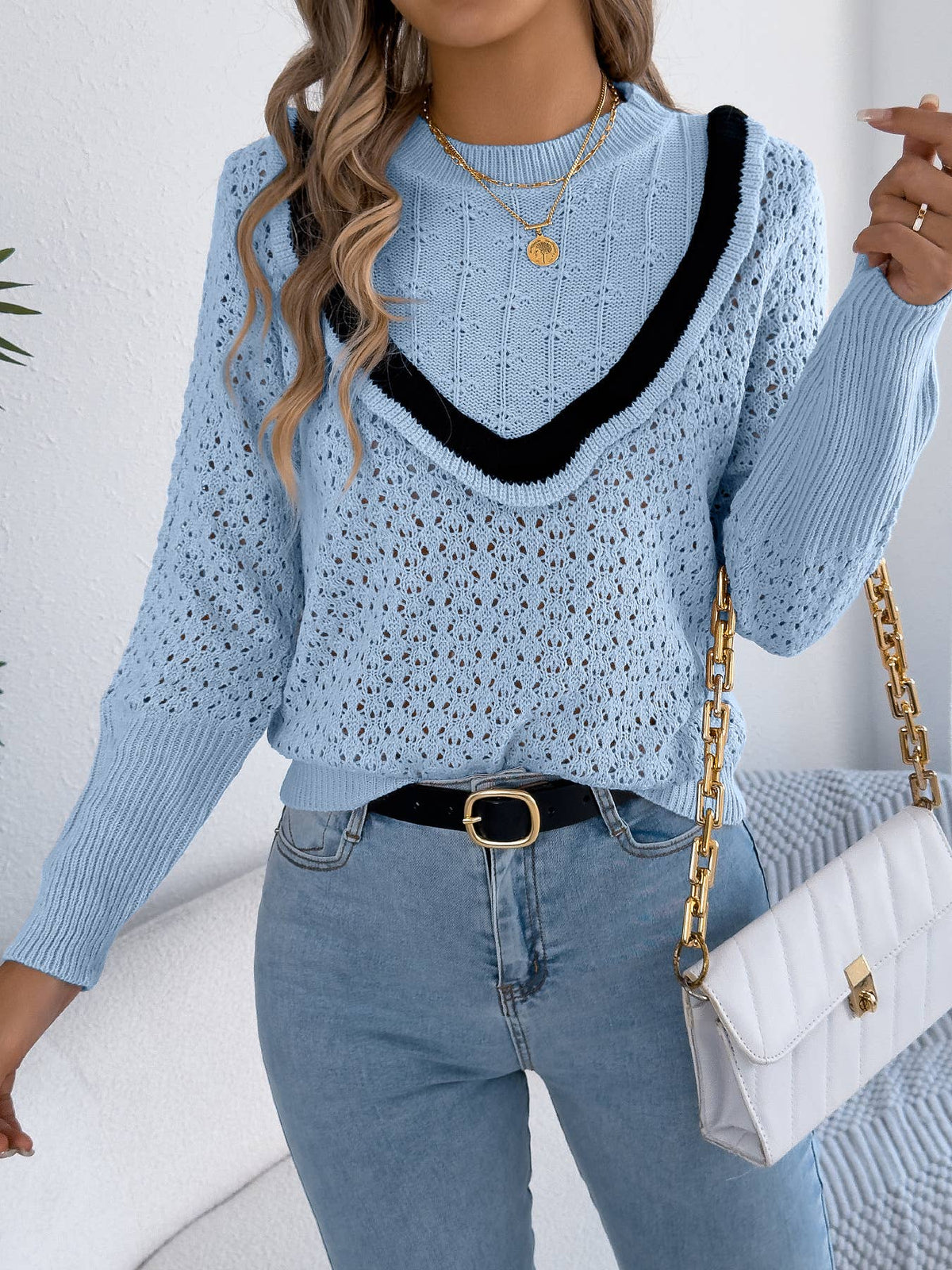 Contrast V Braid Pointelle Knit Sweater